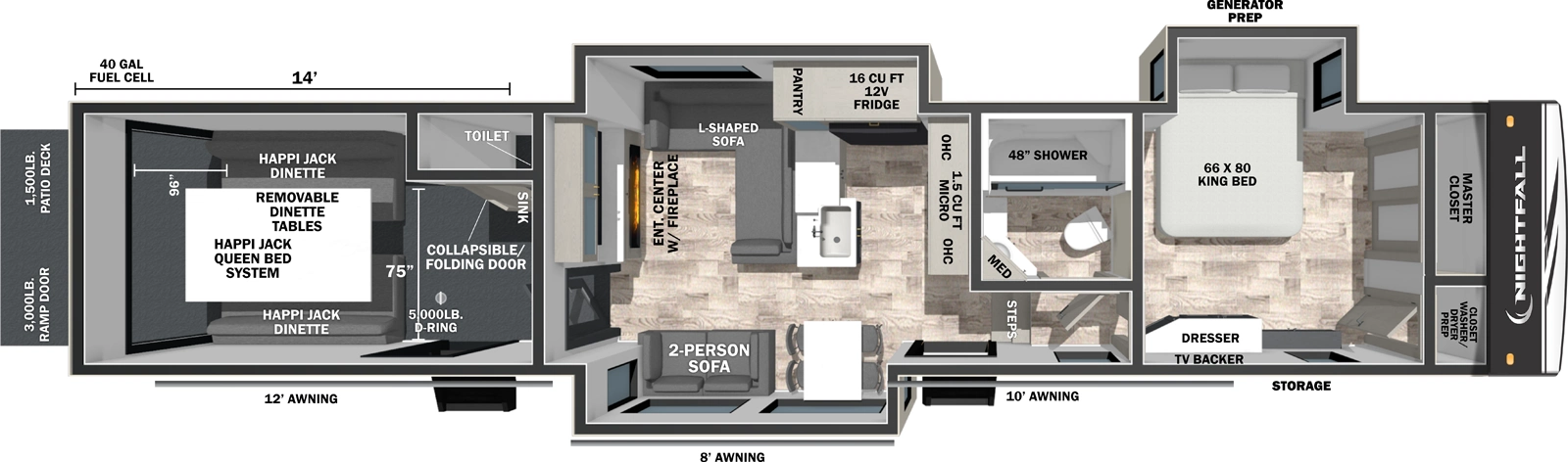 The Nightfall 404NHD floorplan is a toy hauler that has two entries and three slide outs. Exterior features include: fiberglass exterior, 12', 8' and 10' awning. Interiors features include: front bedroom and bathroom and a half.